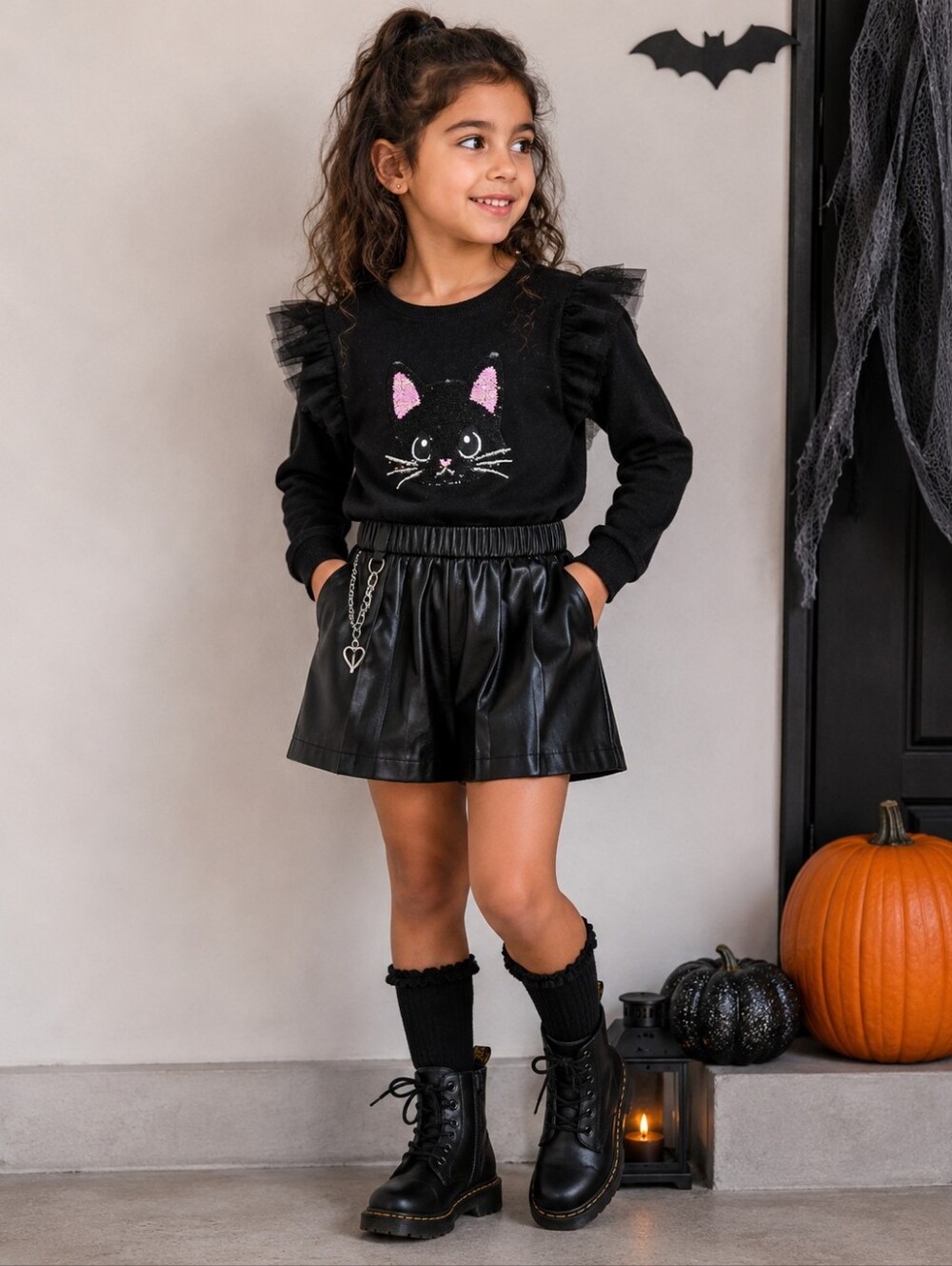 H&M Girls Black Sequin Cat Light Knit Sweater Tulle Ruffle Halloween Size 6-8